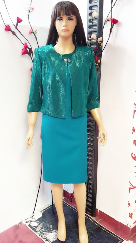 Costum Ava verde-tourquaz, rochie si sacou din paiete cod C182