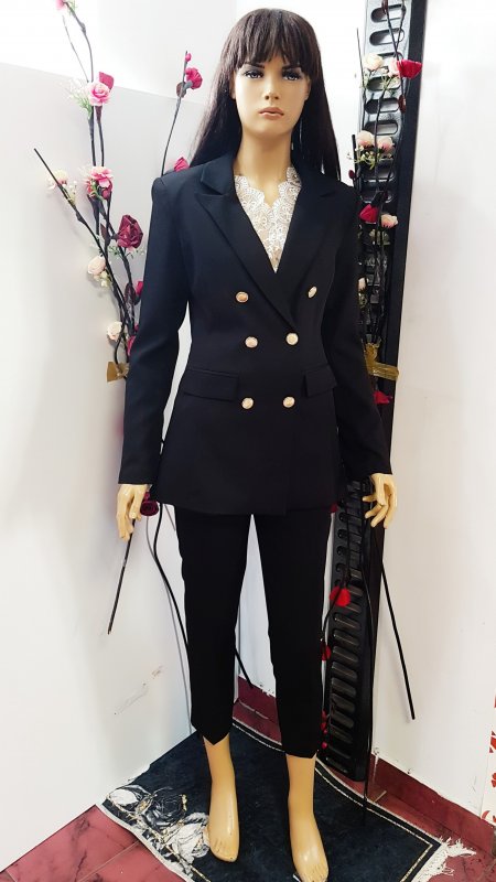 Costum Violeta ,office,negru ,sacou si pantaloni ,cu butoni aurii cod C183