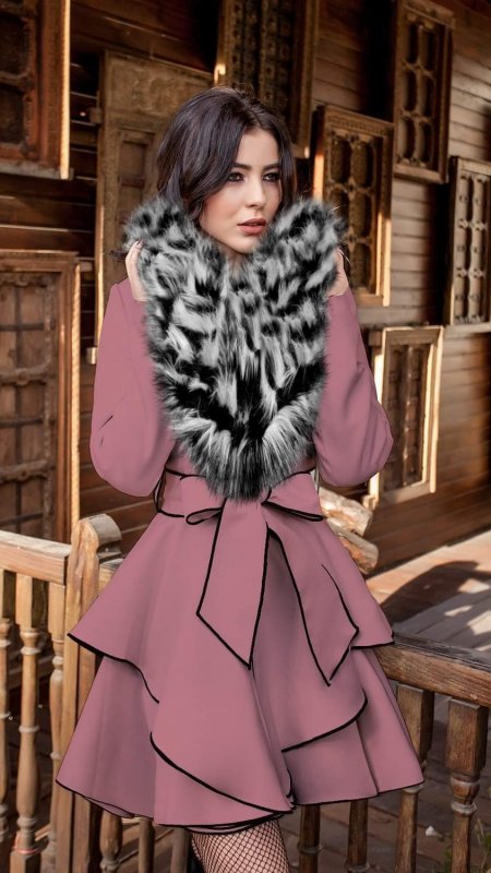 Palton Daria roz ,guler cu blana în două nuante cod S419