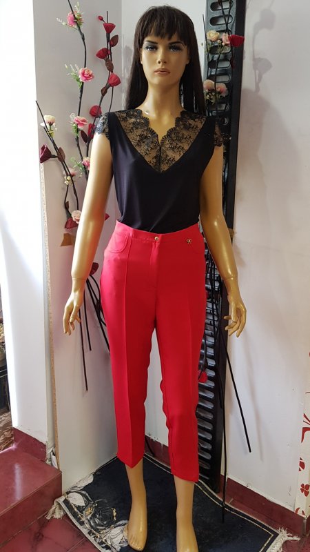 Pantaloni office rosii cu talie inalta si dunga cusuta cod C148
