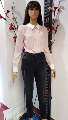 Bluza din voal culoare roz cu mansete si guler alb codB265