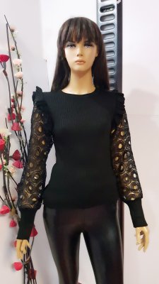 Bluza Raluca  neagra din tricot cu mânecă cu model cod B251